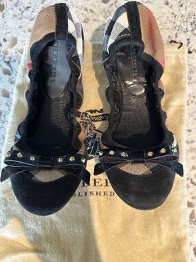 Burberry Black Tan Check Studded Bow Ballet Flats